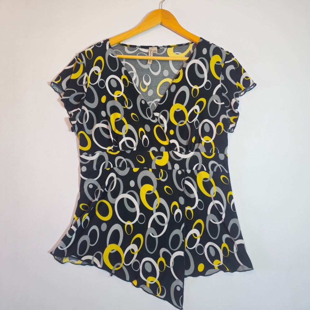 Susan Lawrence Tunic Top Womens XL Black Abstract Surplice Neck Asymmetrical Hem